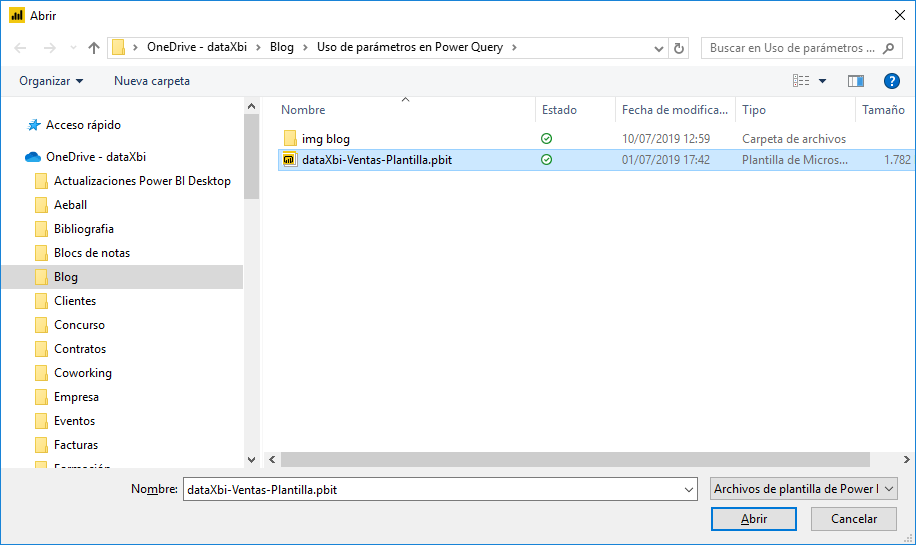 Cuadro de diálogo abrir plantilla Power BI