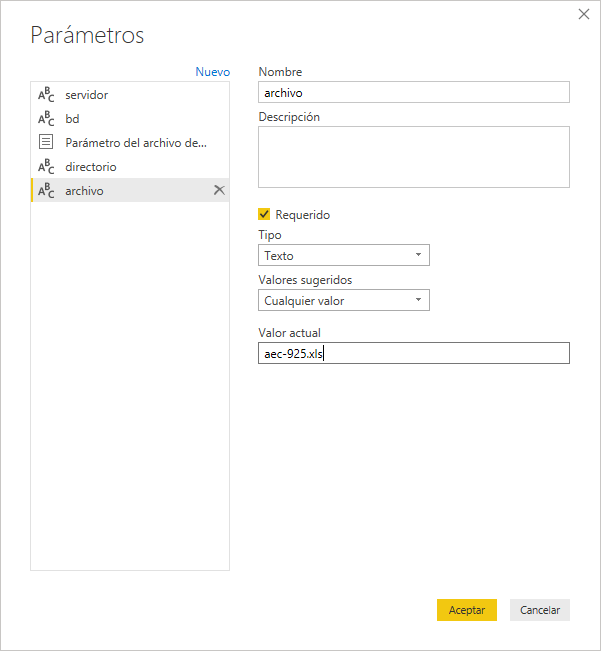 Parámetro de consulta para el nombre de archivo Excel