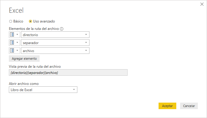 Elegir parámetros en configuración de origen