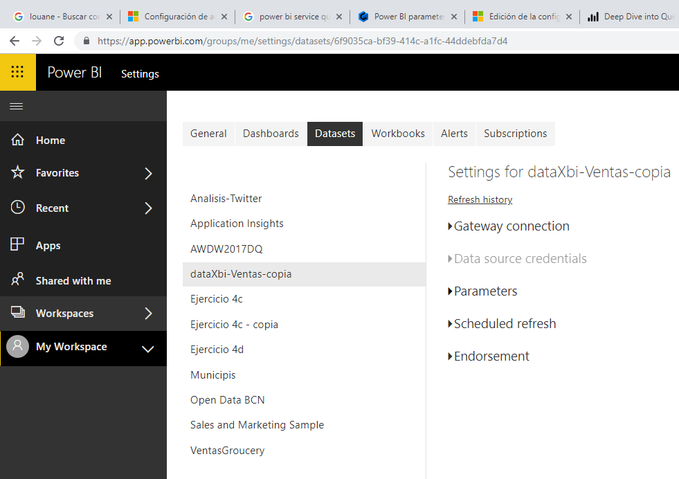 Seleccionar el conjunto de datos para modificar sus parámetros de consulta