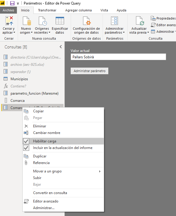 Habilitar carga del parámetro en el modelo de datos