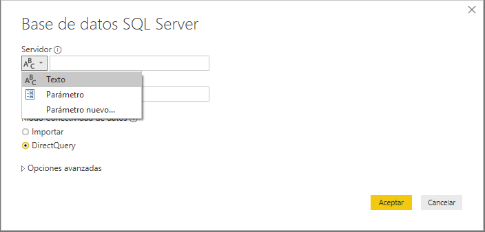 Parámetros de consulta - Cuadro de diálogo SQL Server