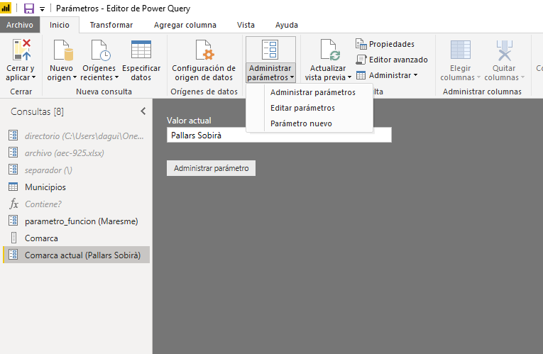 Administrador de parámetros de consultaen Power Query