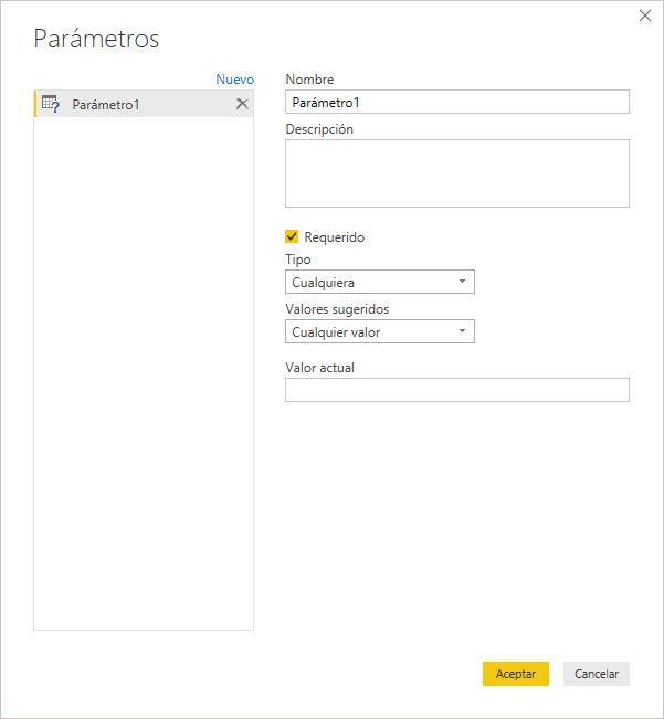 Nuevo parámetro de consulta - Metadatos y configuración de parámetros