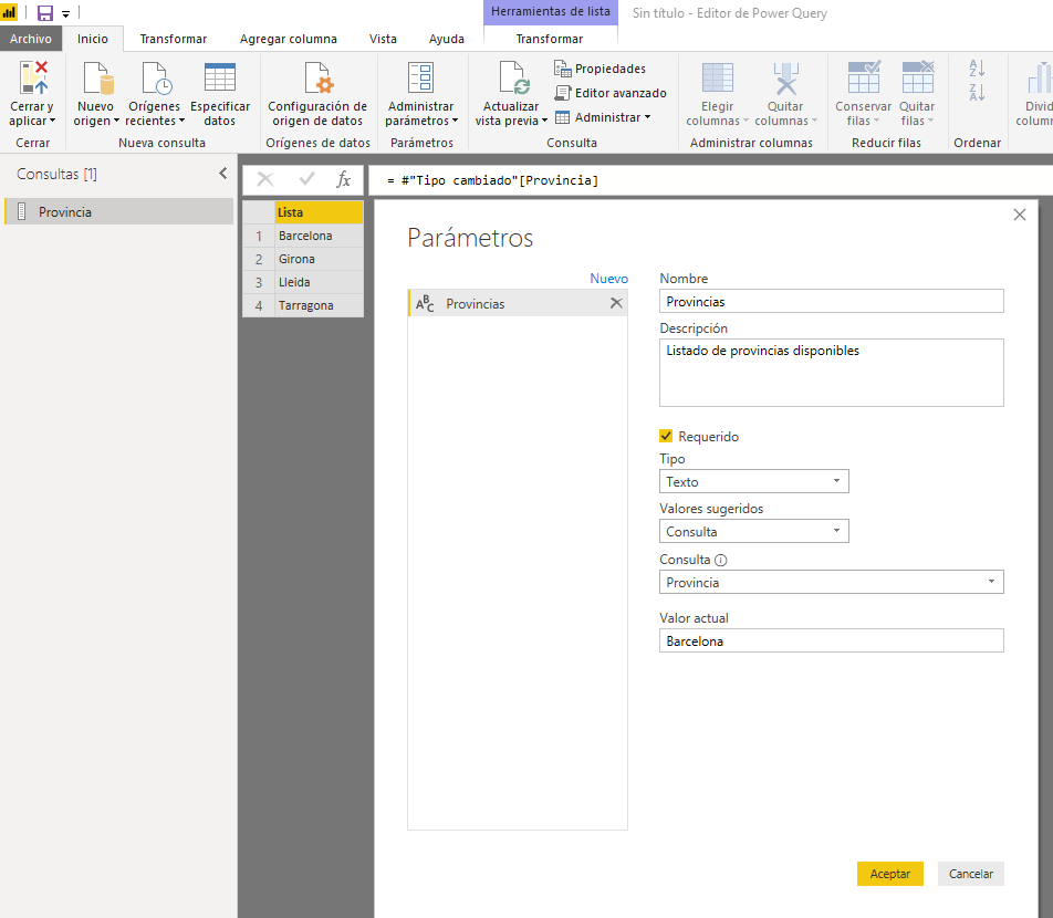 Nuevo parámetro de consulta - Valores sugeridos: Consulta