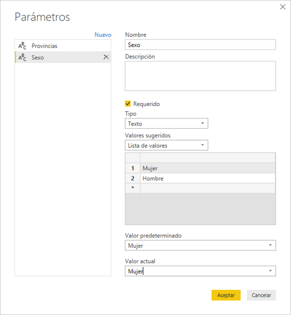 Crear parámetros de consulta con valores sugerisdos de una lista de valores