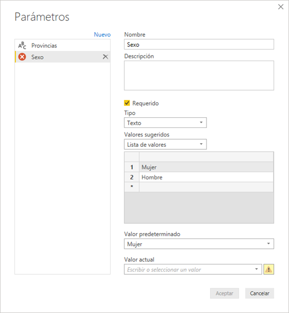 Crear parámetro requerido