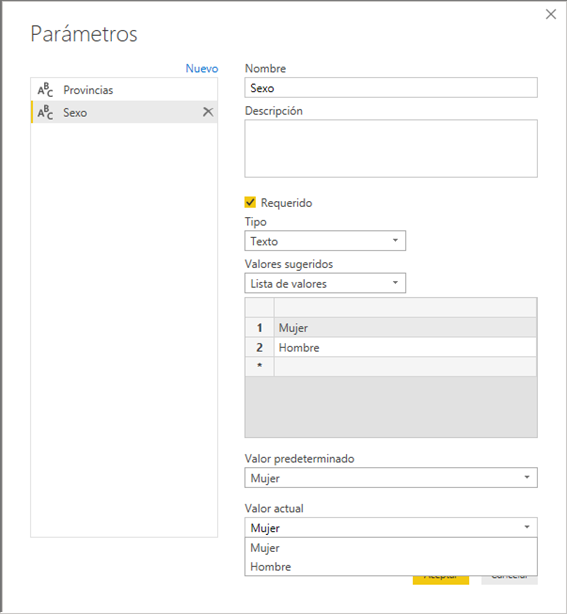 Crear parámetros Valor predeterminado y valor actual