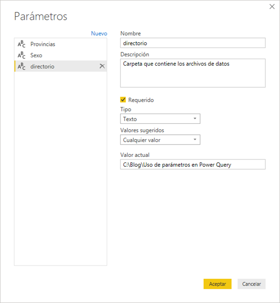 Crear parámetro Valor sugerido: cualquier valor