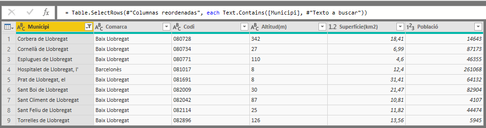 Panel de resultados filtrado usando parámetro