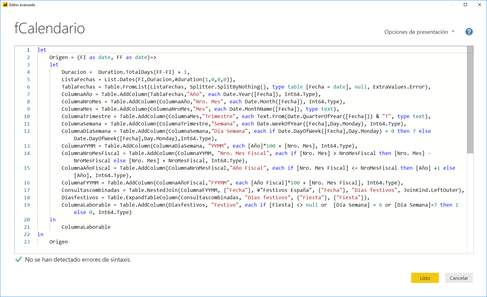 Crear funcion fCalendario en Power Query