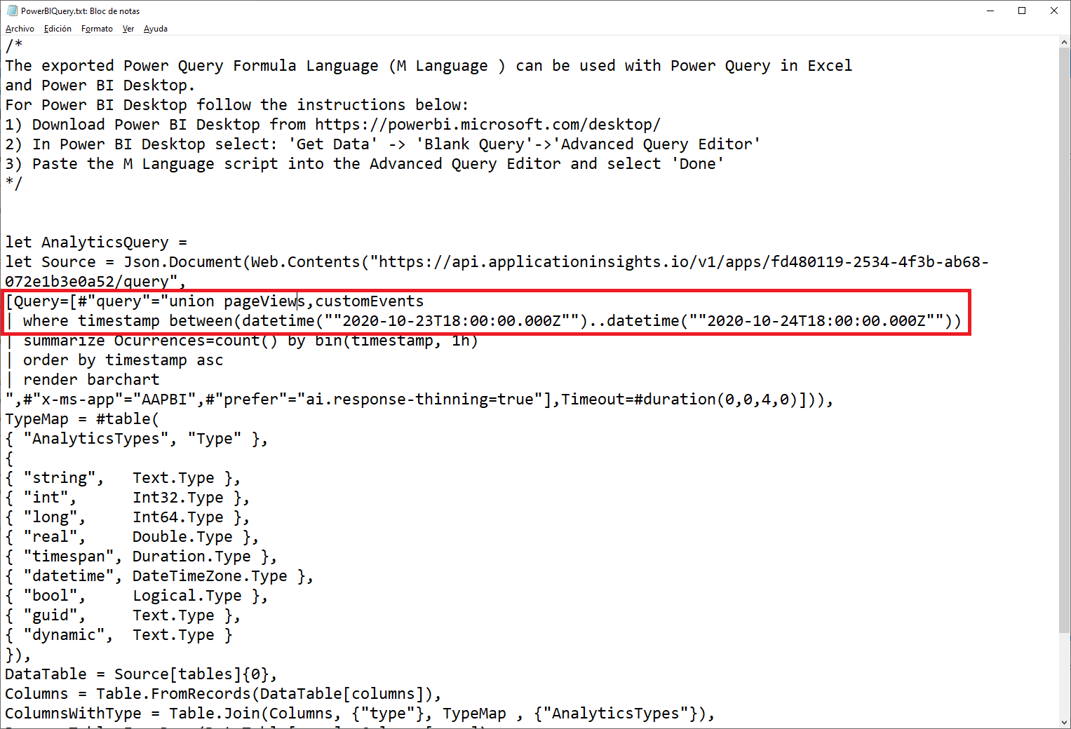 dataXbi -archivo-txt-consulta-M-Application-Insights