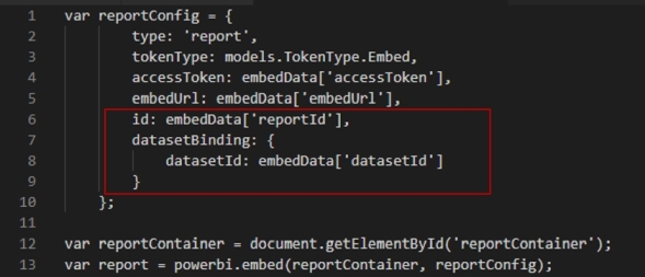 Configuración en JavaScript para enlace dinámico de un conjunto de datos en Power BI Embedded