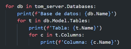 Listando base de datos, tablas y columnas con TOM desde Python