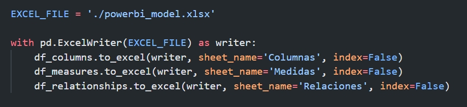 Almacenando la estructura de un modelo Power BI en pandas DataFrame y guardando en Excel