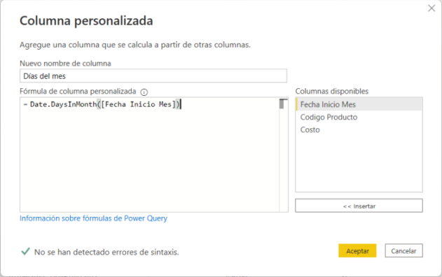 Agregar una columna personalizada con los días del mes