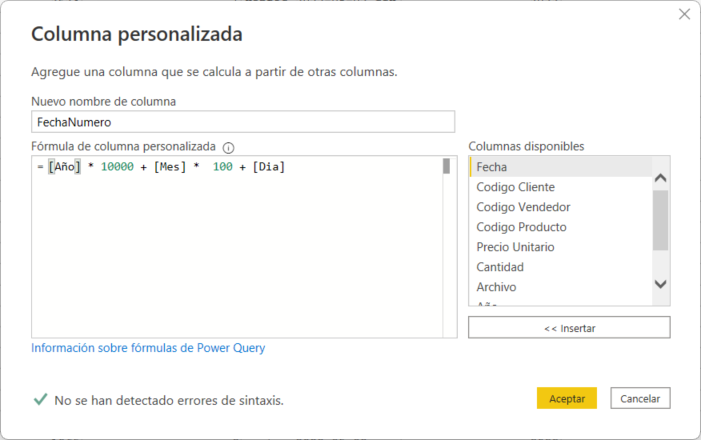 Agregando la columna personalizada FechaNumero
