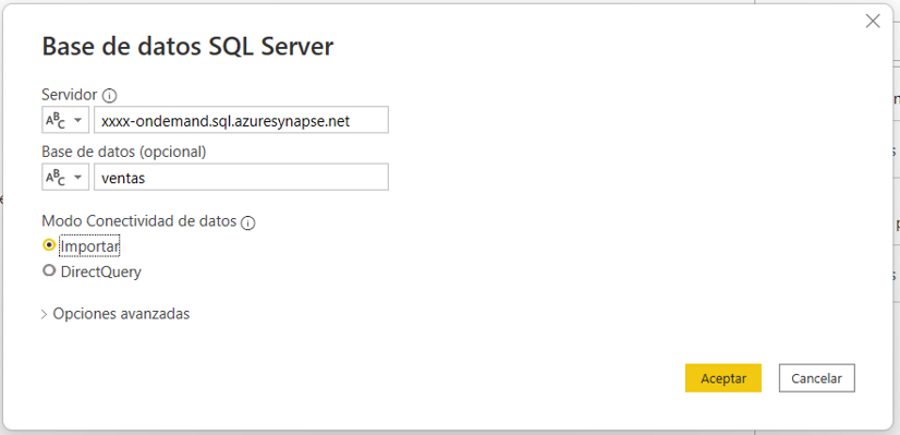 Configurando el conector de base de datos SQL Server de Power BI Desktop para conectarse al grupo SQL sin servidor de Synapse