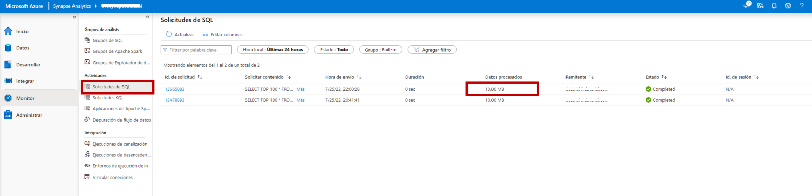 Con Synapse Studio podemos monitorear la ejecución de las consultas SQL sin servidor