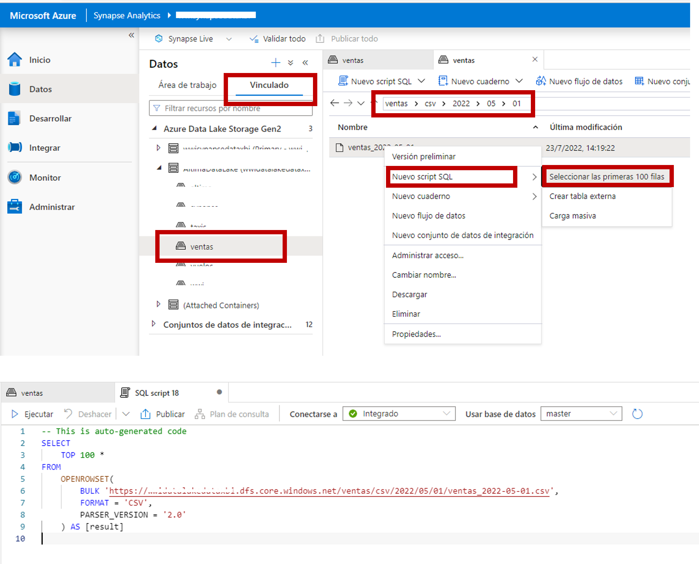 Pasos para crear una consulta SQL con Synapse Studio que liste el contenido de los archivos CSV guardados en un contenedor de Azure Data Lake