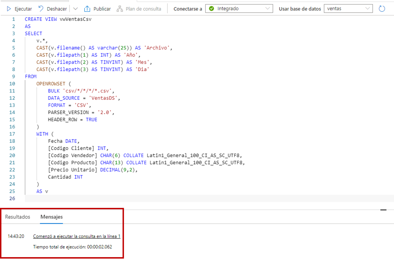 Ejecutando la consulta SQL para crear la vista.