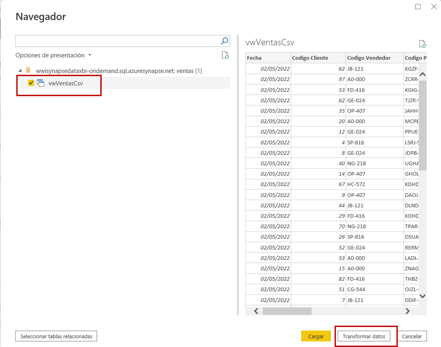 Importando a Power BI la vista vwVentasCsv desde el grupo SQL sin servidor de Synapse