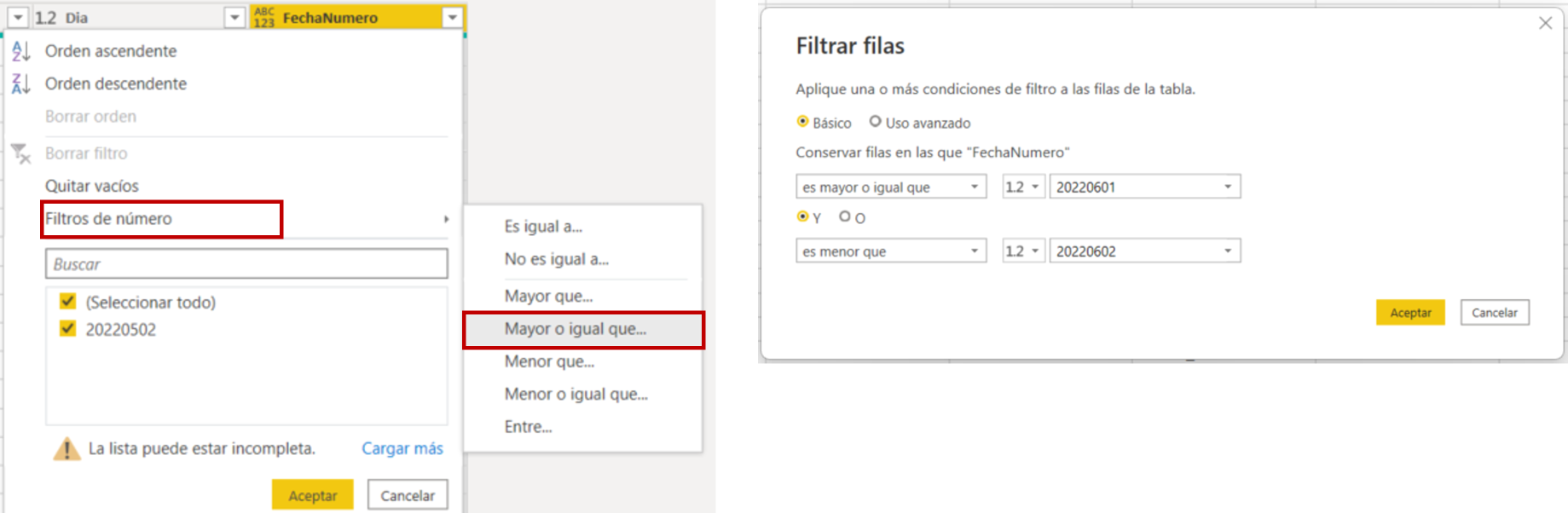 Filtrando la columna FechaNumero on la interfaz visual de Power Query