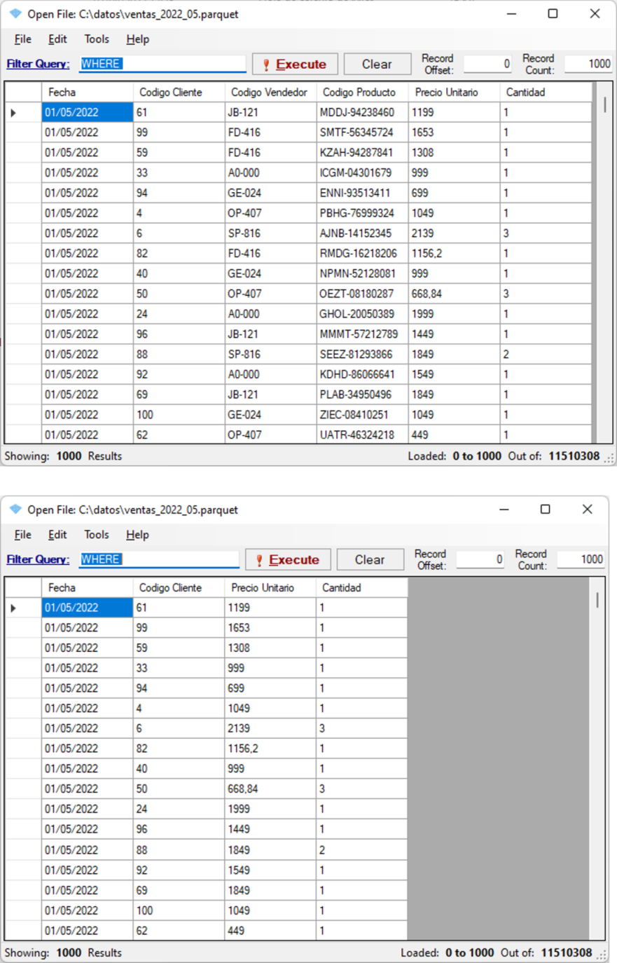 Leyendo un archivo Parquet con la aplicación ParquetViewer