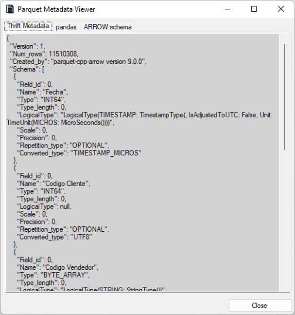 Leyendo los metadatos de un archivo Parquet con la aplicación ParquetViewer