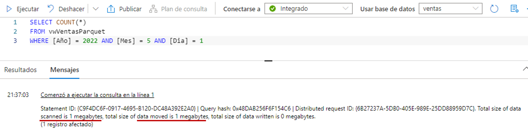 Ejecutando la vista SQL filtrando por las columnas Año, Mes y Dia