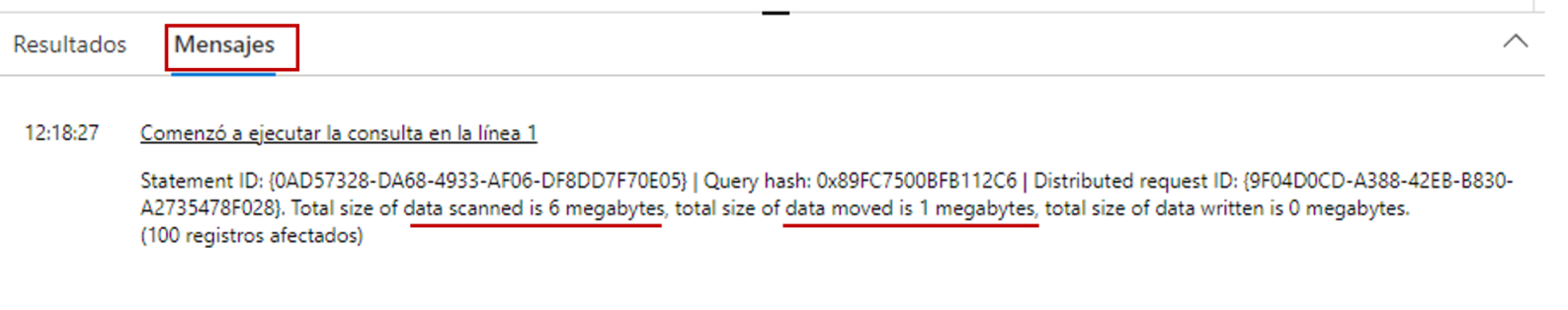 Pestaña de mensajes del editor de SQL donde se ve que la consulta a consumido 6 MB escaneando el archivo y 1 MB mobiendo datos