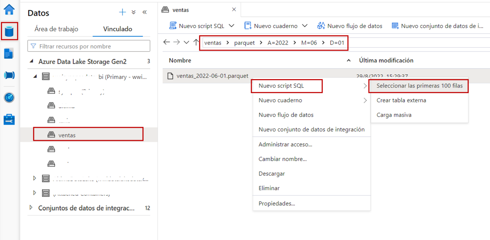 Navegando con Synapse Studio por el Data Lake para crear un script SQL que lea las 100 primeras filas de un archivo Parquet