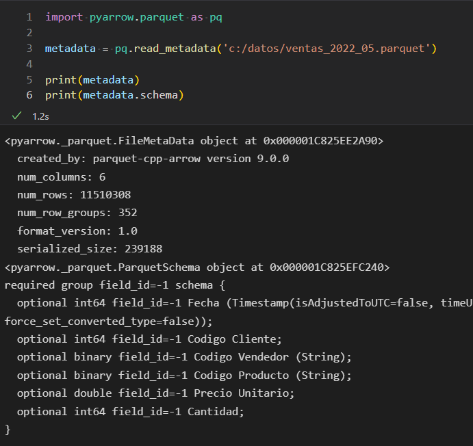 Leyendo los metadatos de un archivo Parquet con la biblioteca pyarrow de Python