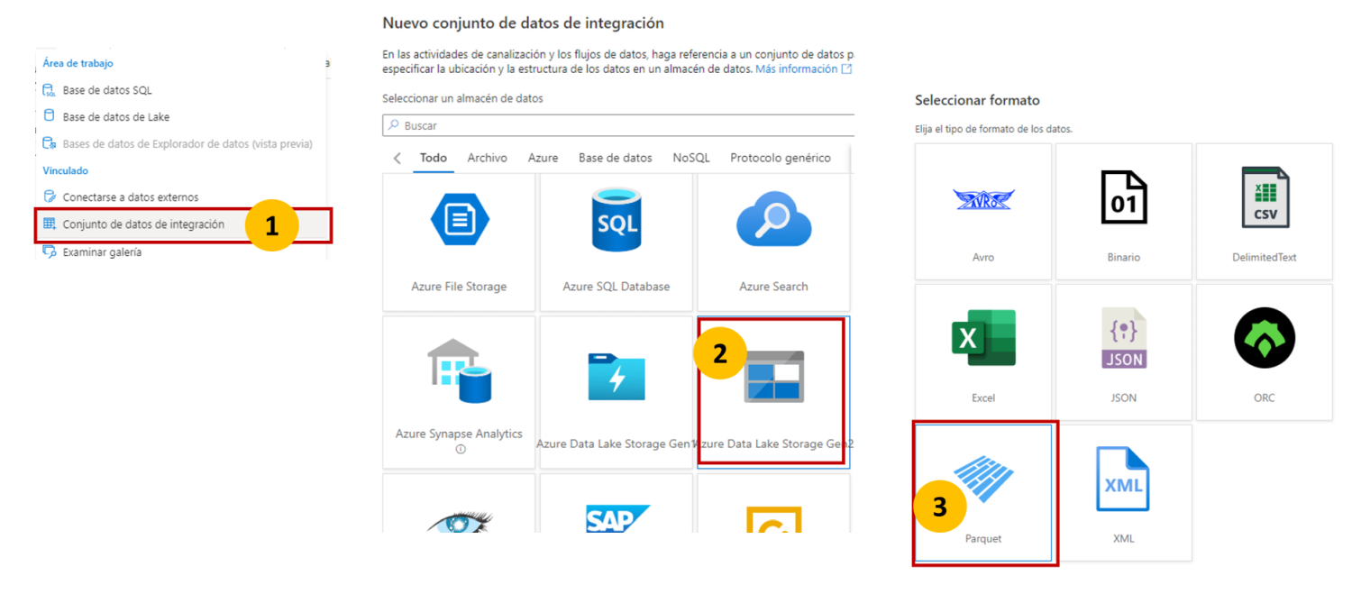 Creando un conjunto de datos de integracion en Synapse que almacene archivos Parquet en un Azure Data Lake Gen2