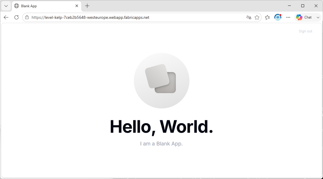 Pantallazo con una Fabric App generada con la plantilla "Blank App" y que solo dice "Hello, World."