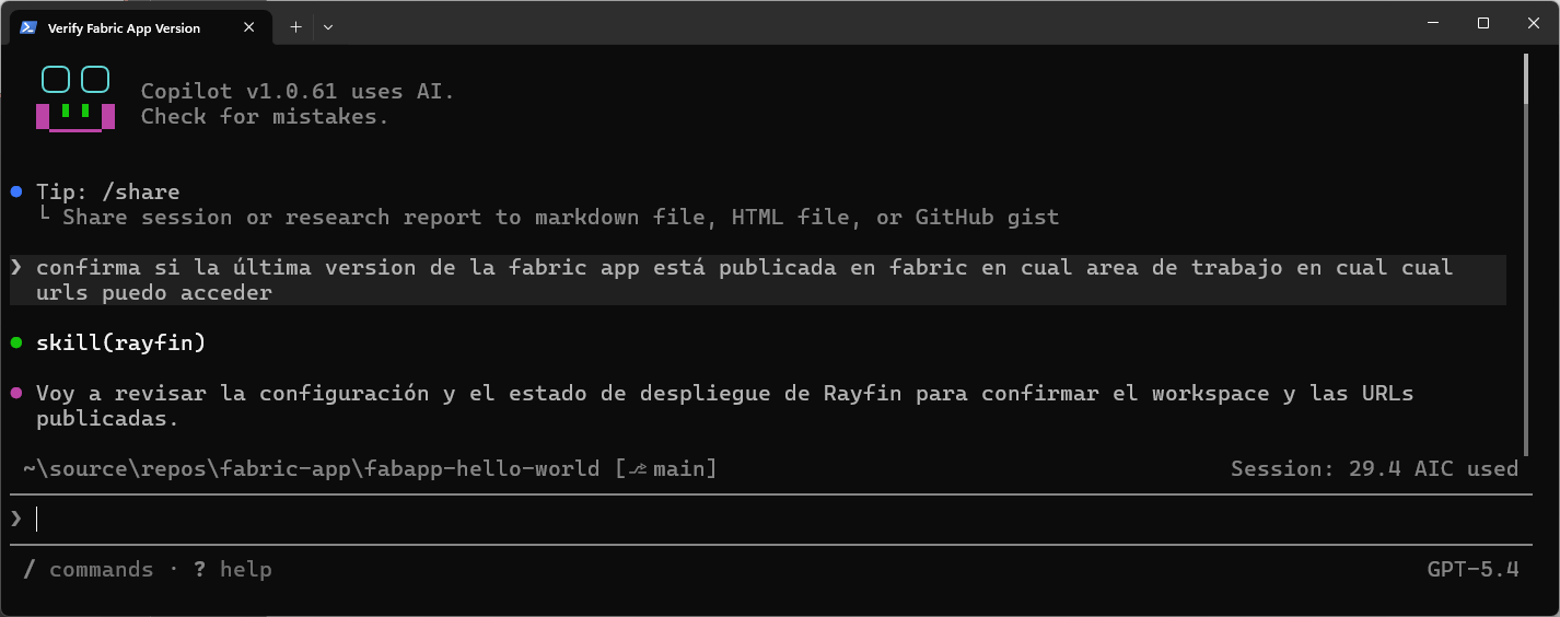 Pantallazo de GitHub Copilot CLI utilizando la skill de Rayfin
