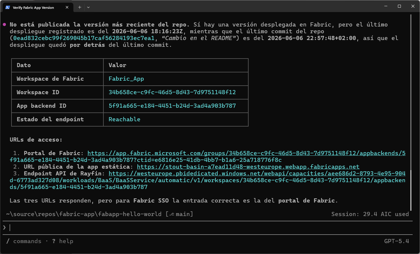 Pantallazo de GitHub Copilot CLI con la respuesta a la pregunta que le hice sobre sobre la Fabric App