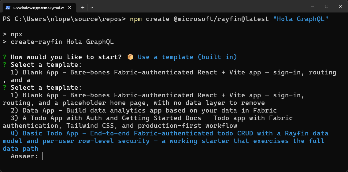 Creando la Fabric App en la línea de comando con la plantilla Basic Todo App de Rayfin