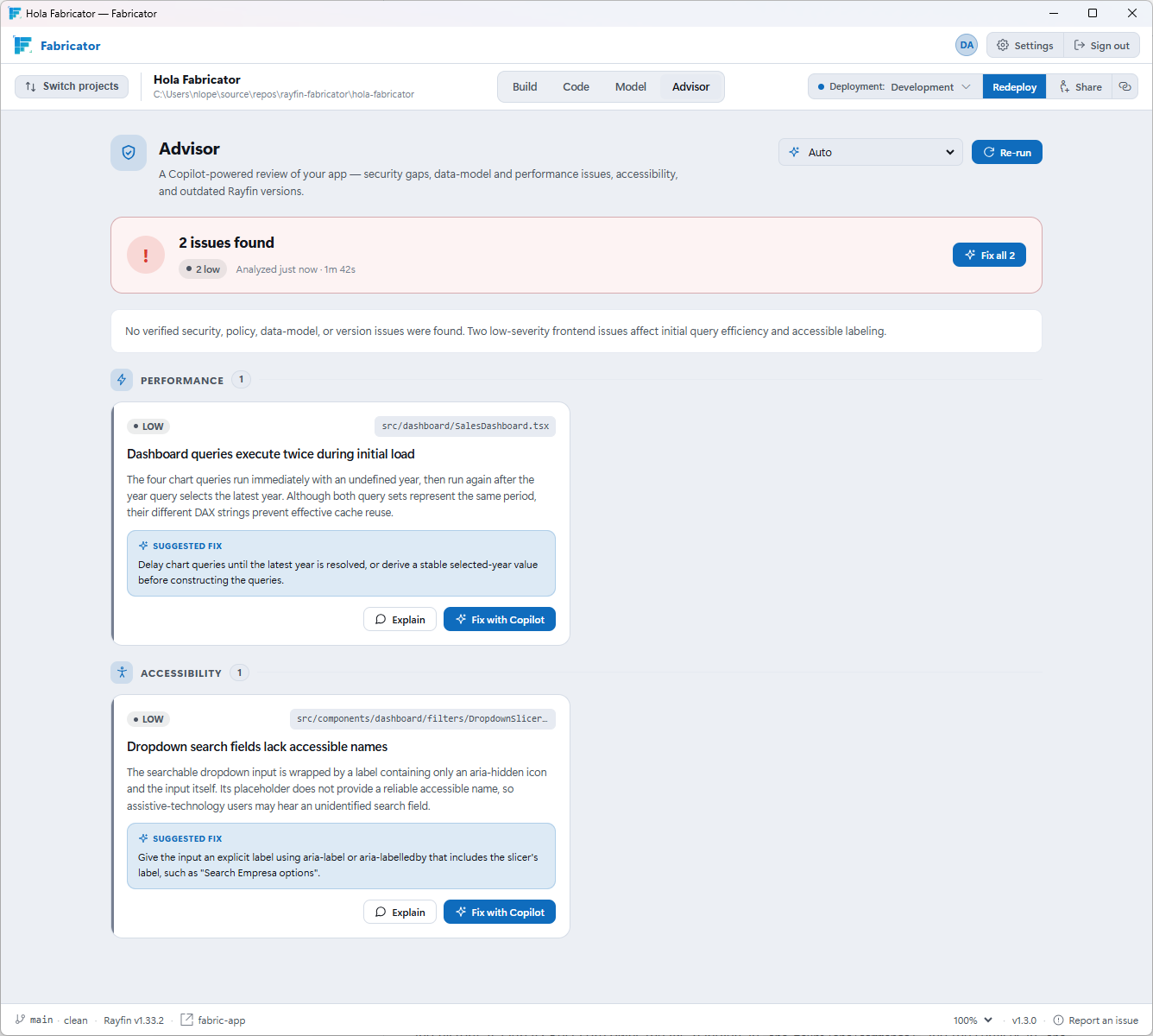 La pantalla "Advisor" con dos problemas que ha encontrado, uno de rendimiento y otro de accesibilidad.
