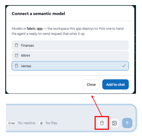 Seleccionando un modelo semántico en el panel de chat