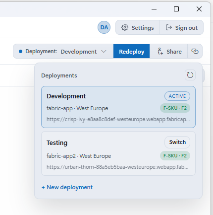 Se han configurado dos áreas de trabajo para desplegar la misma Fabric App, uno para desarrollo y otro para pruebas.