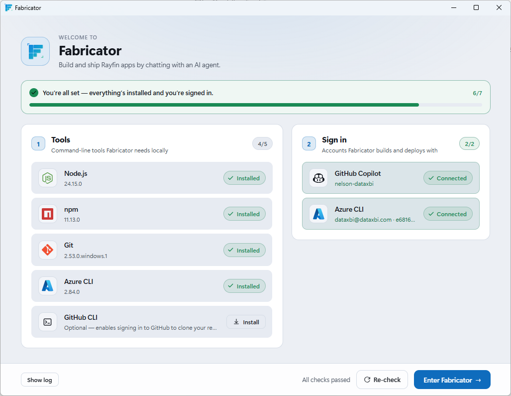 Pantalla inicial de Fabricator donde se comprueba que estén instaladas las herramientas y el acceso a Fabric y GitHub Copilot