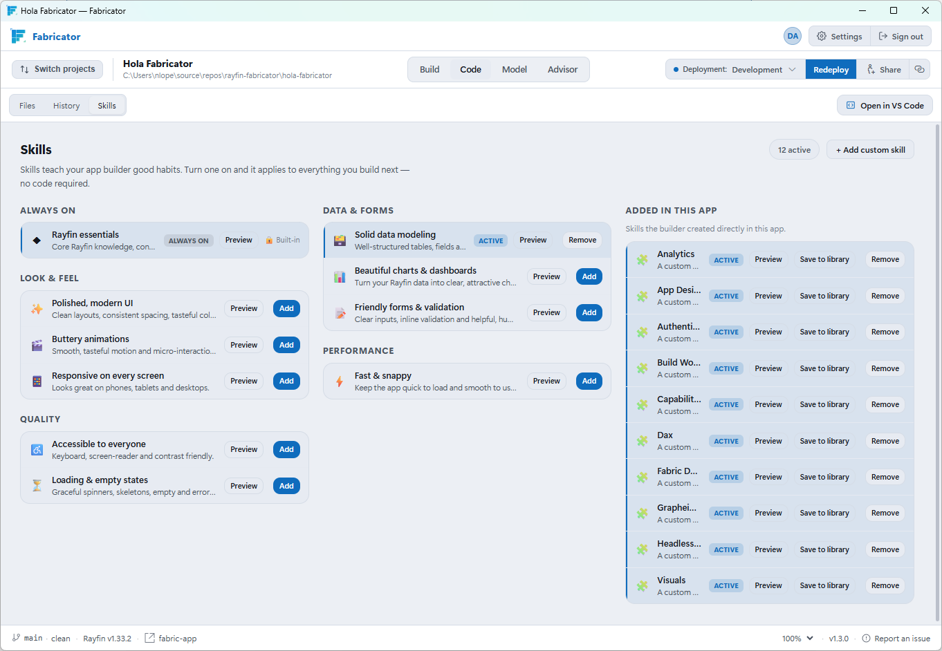 Gestión de las skills disponibles en Fabricator