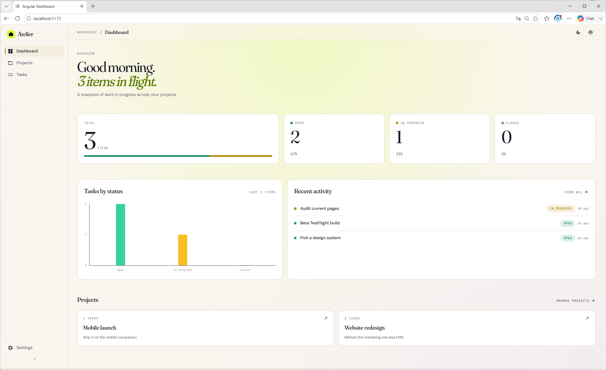 Pantallazo de una Fabric App creada con la plantilla Angular Dashboard App