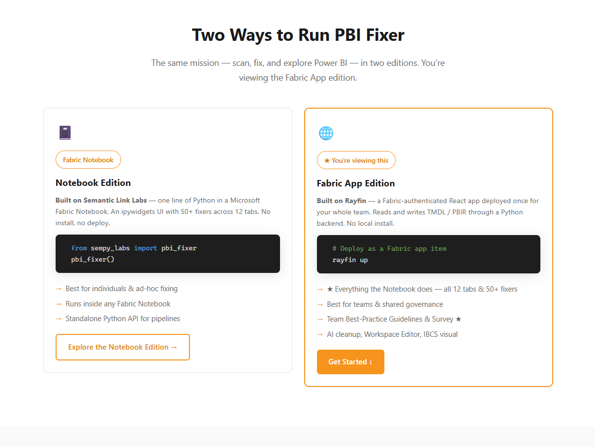 Fragmento del sitio web de PBI Fixer con las dos ediciones: Notebook y Fabric App
