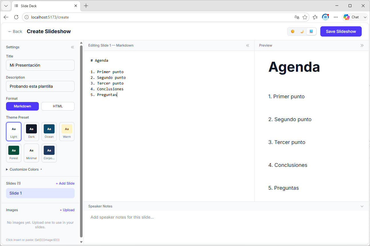 Pantallazo de una Fabric App creada con la plantilla Slide Deck