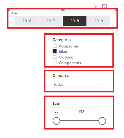 Ejemplos de formas de visualización de la segmentación de datos en Power BI Desktop
