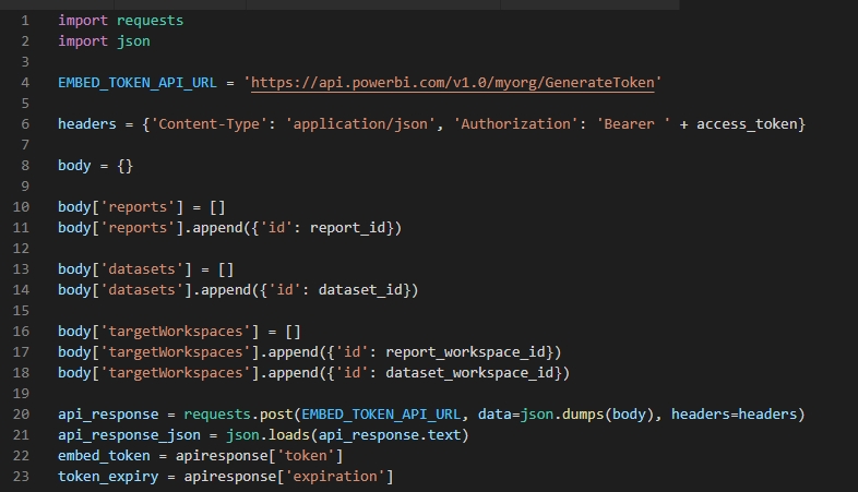 Código Python para obtener un Embed Token con la API REST de Power BI