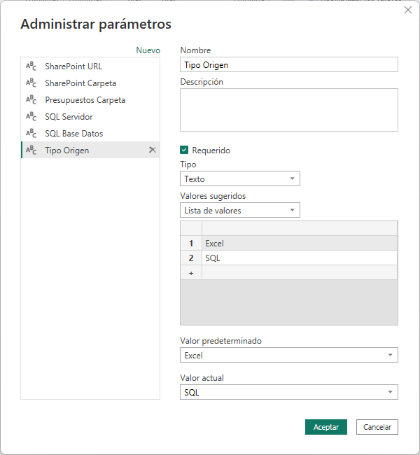 dataXbi parámetro consulta tipo origen